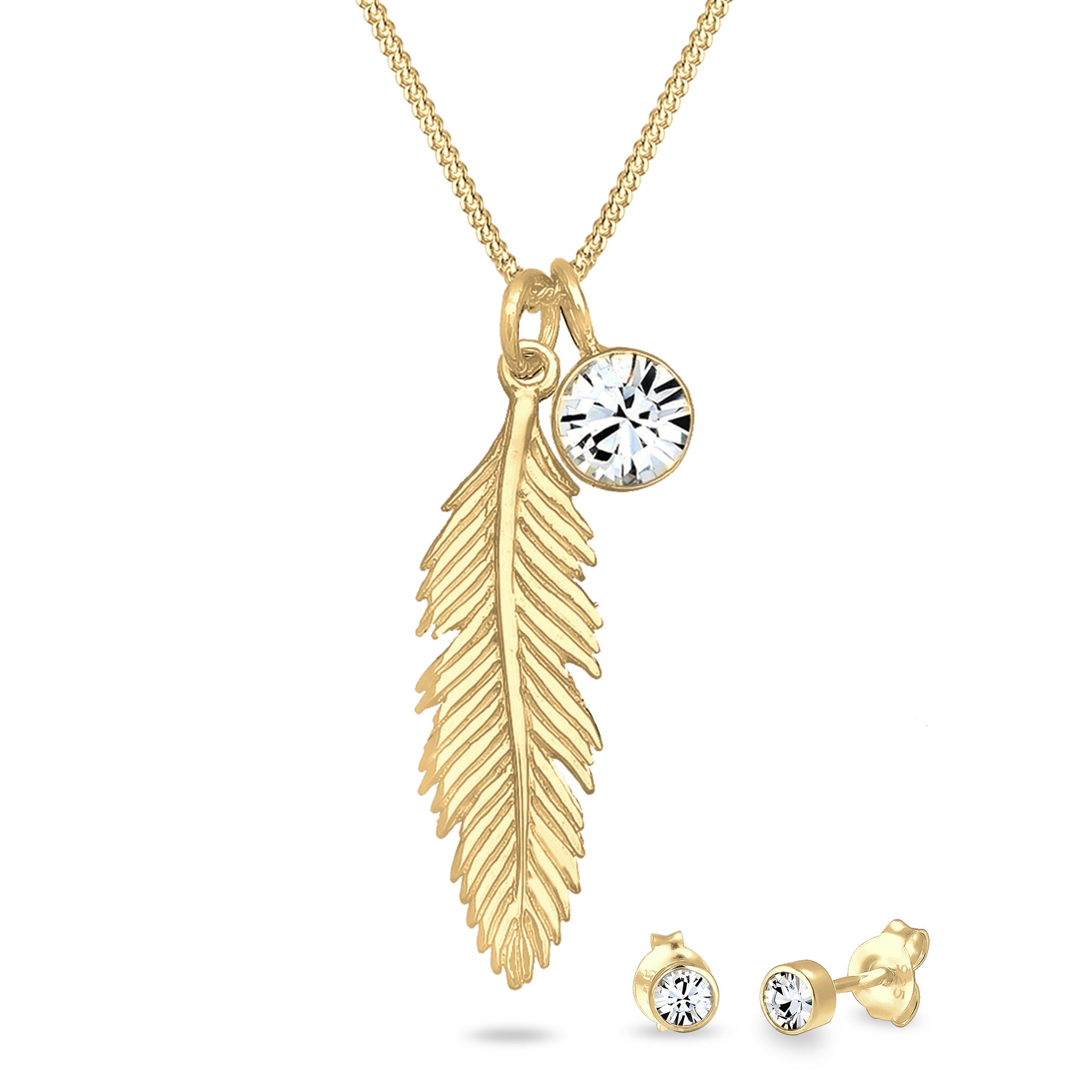 Gold - Elli | Schmuckset Feder | Mit Kristallen von Swarovski® (Weiß) | 925 Sterling Silber vergoldet