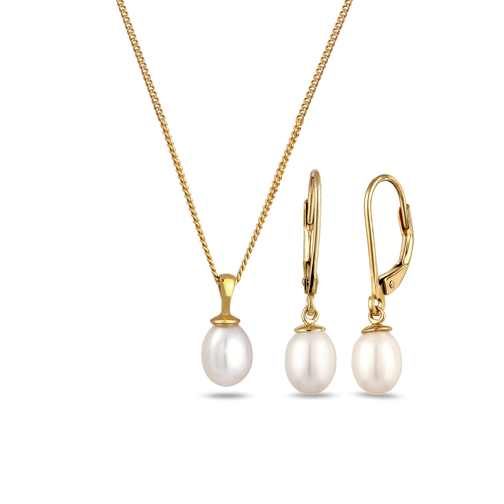 Gold - Elli | Schmuckset | Süßwasserzuchtperlen (Weiß) | 925 Sterling Silber vergoldet