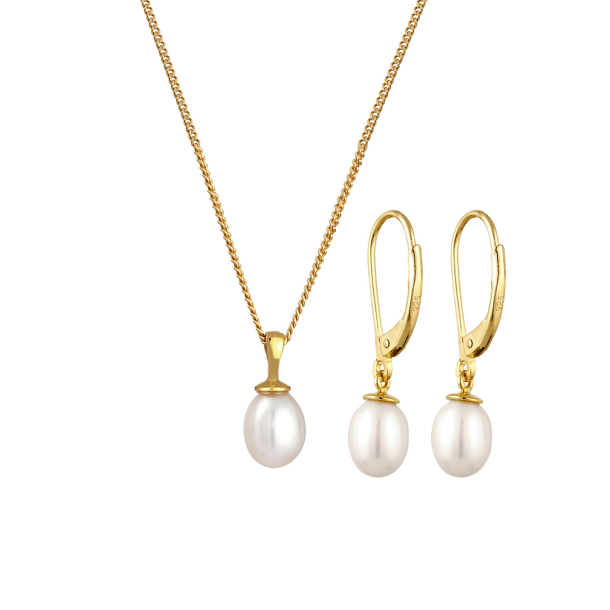 Gold - Elli | Schmuckset | Süßwasserzuchtperlen (Weiß) | 925 Sterling Silber vergoldet