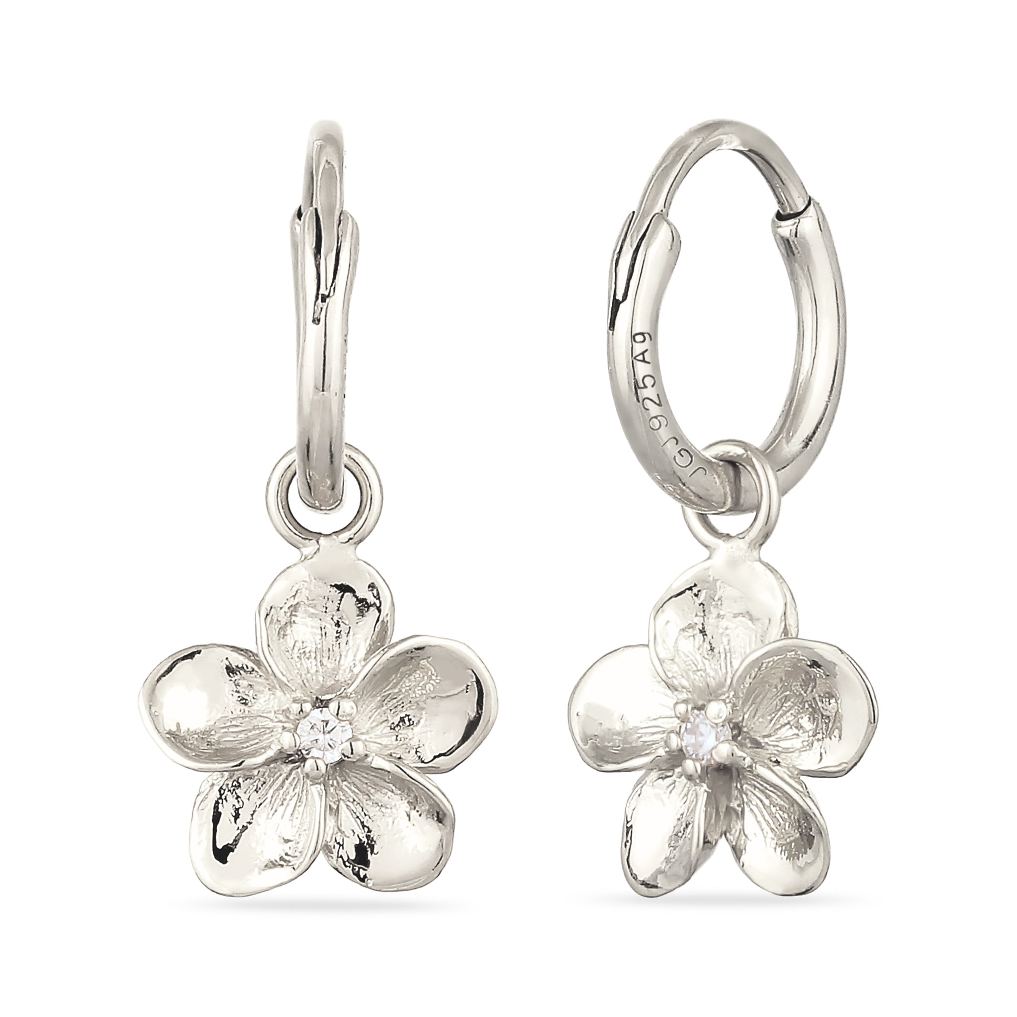 Silber - Elli | Creolen Frangipani Blume | Zirkonia (Weiß) | 925 Sterling Silber