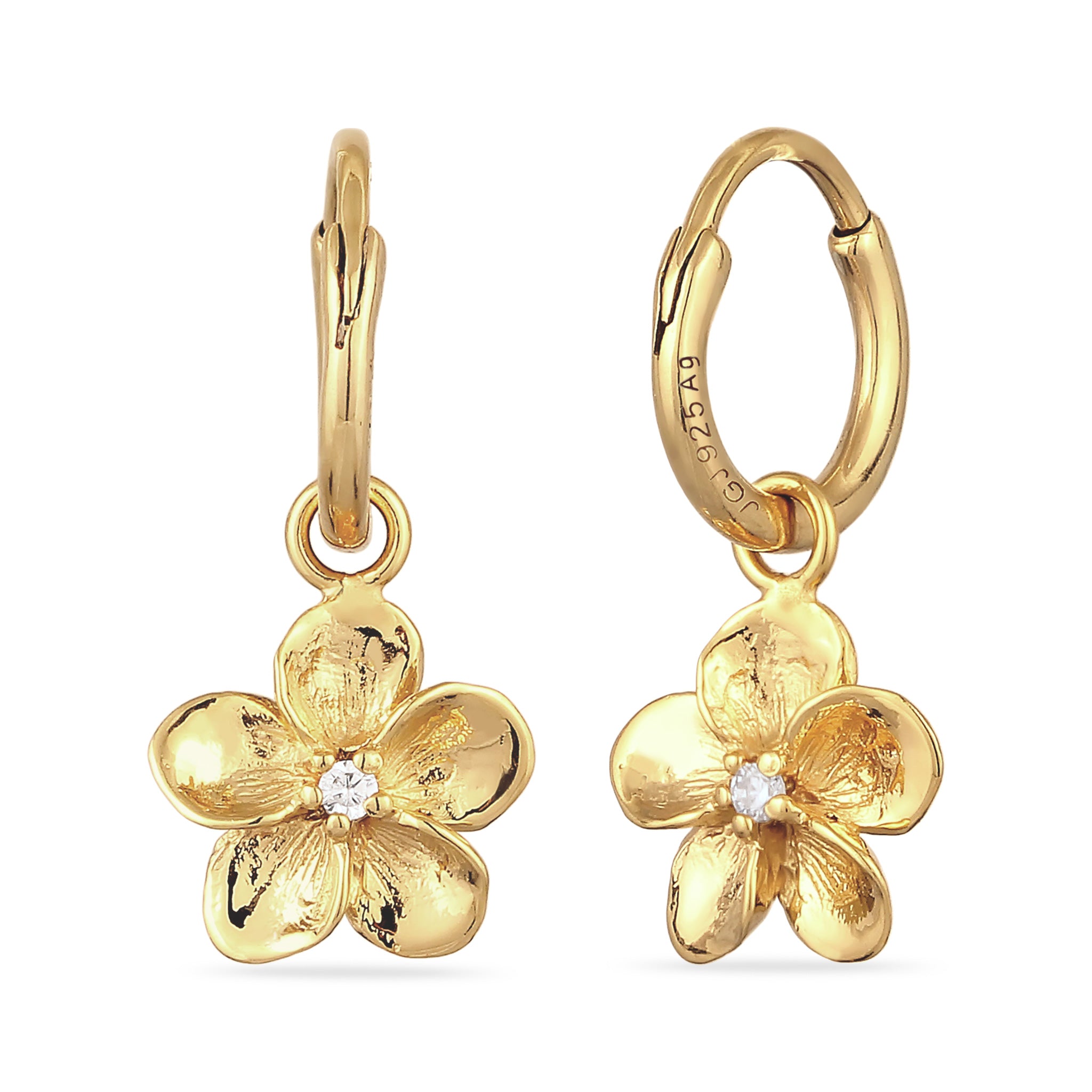 Gold - Elli | Creolen Frangipani Blume | Zirkonia (Weiß) | 925 Sterling Silber vergoldet