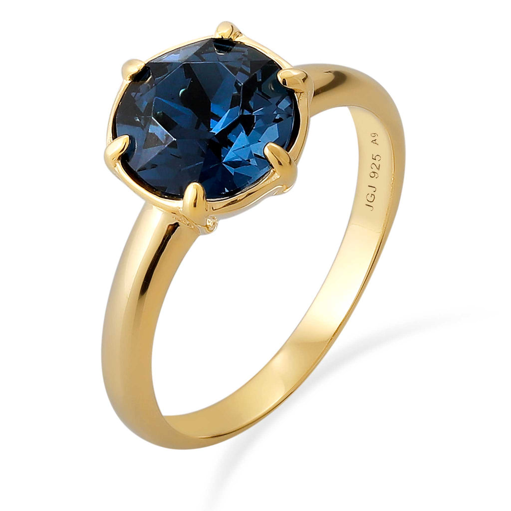 Gold - Elli | Solitär-Ring | Glas Kristalle (Blau) | 925 Sterling Silber vergoldet