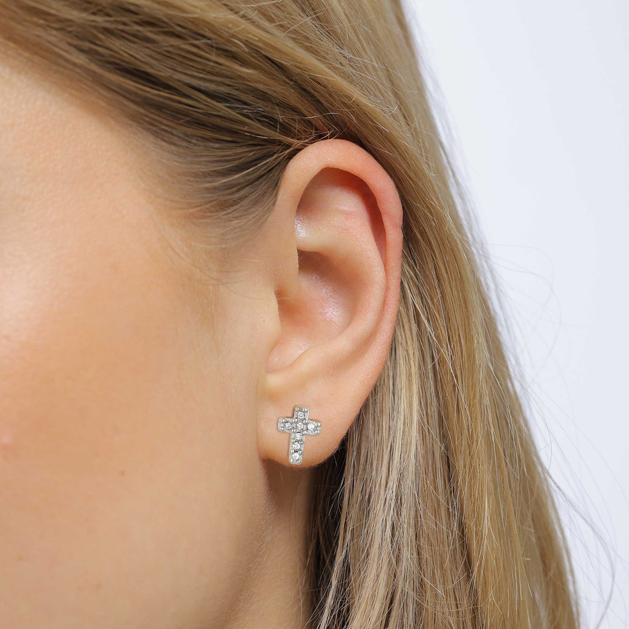 Silber - Elli | Ohrstecker Kreuz | Mit Kristallen von Swarovski® (Weiß) | 925 Sterling Silber