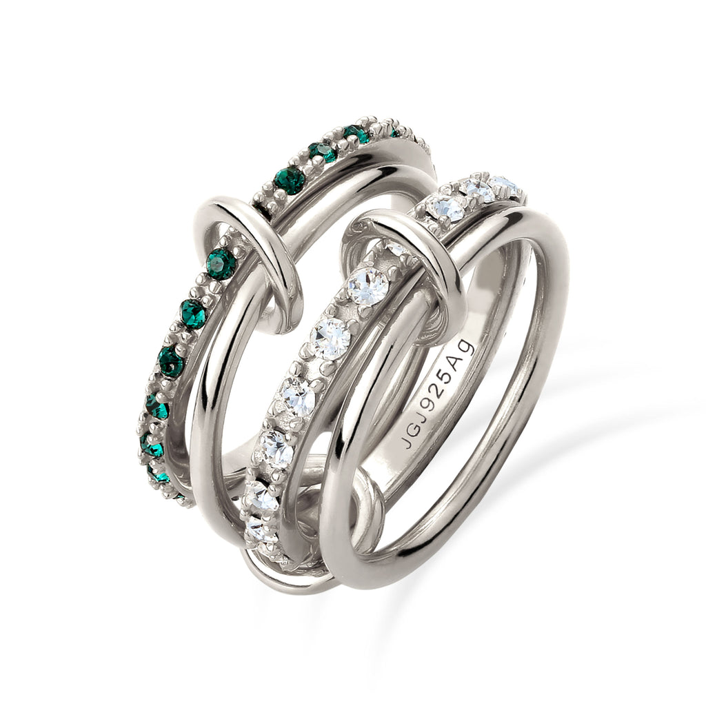 Silber - Elli | Stapelring Knoten | Mit Kristallen von Swarovski® (Weiß & Grün) | 925 Sterling Silber