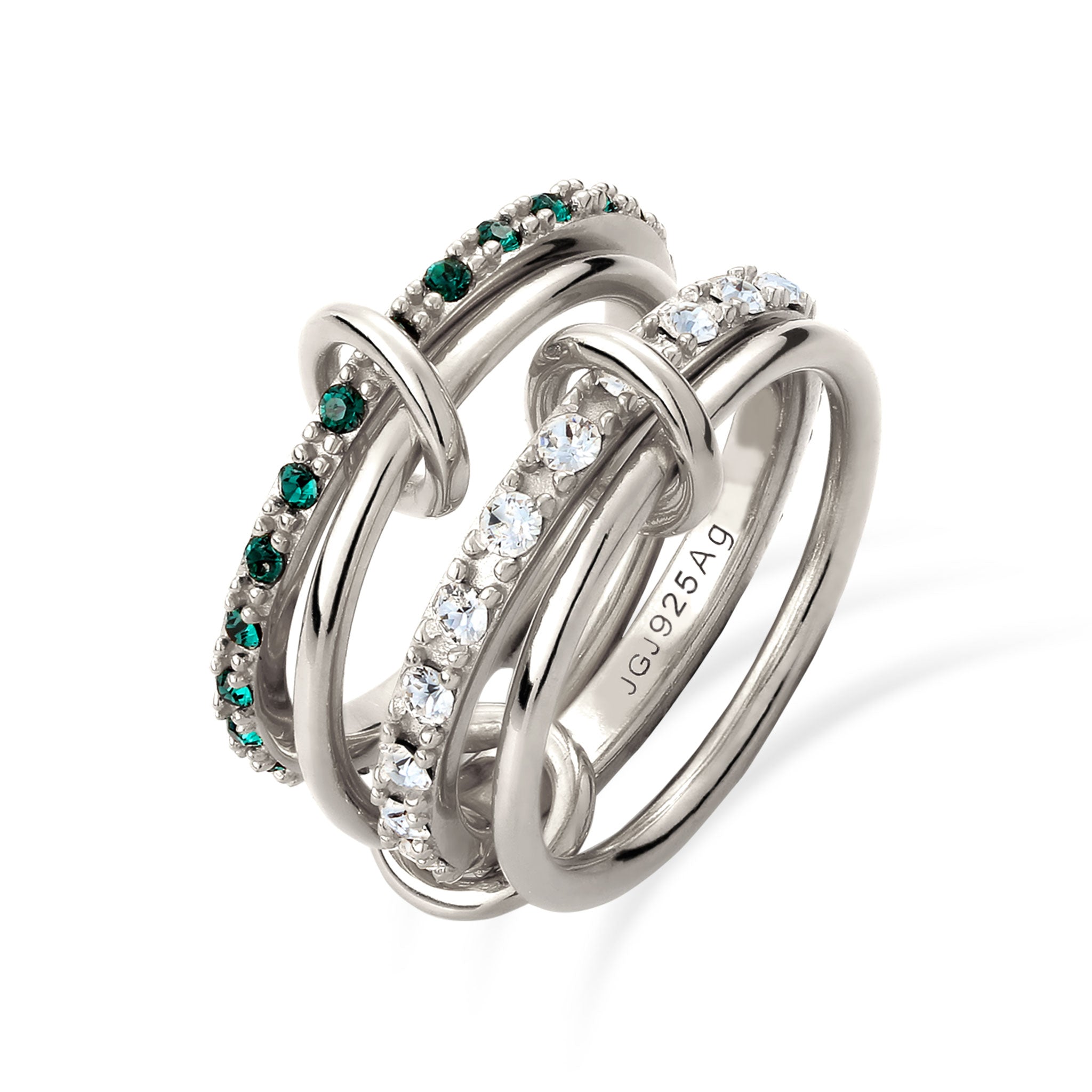 Silber - Elli | Stapelring Knoten | Mit Kristallen von Swarovski® (Weiß & Grün) | 925 Sterling Silber