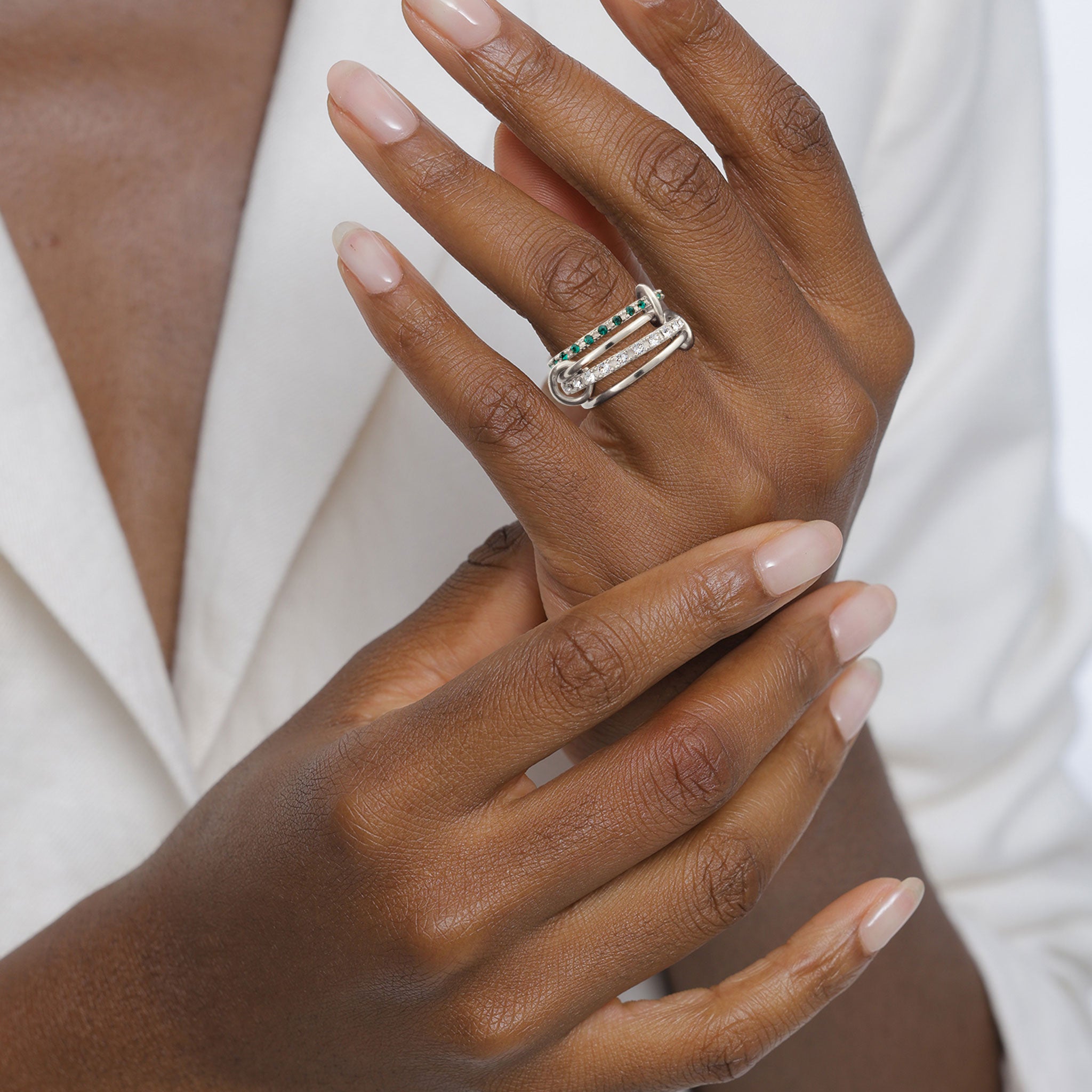 Silber - Elli | Stapelring Knoten | Mit Kristallen von Swarovski® (Weiß & Grün) | 925 Sterling Silber