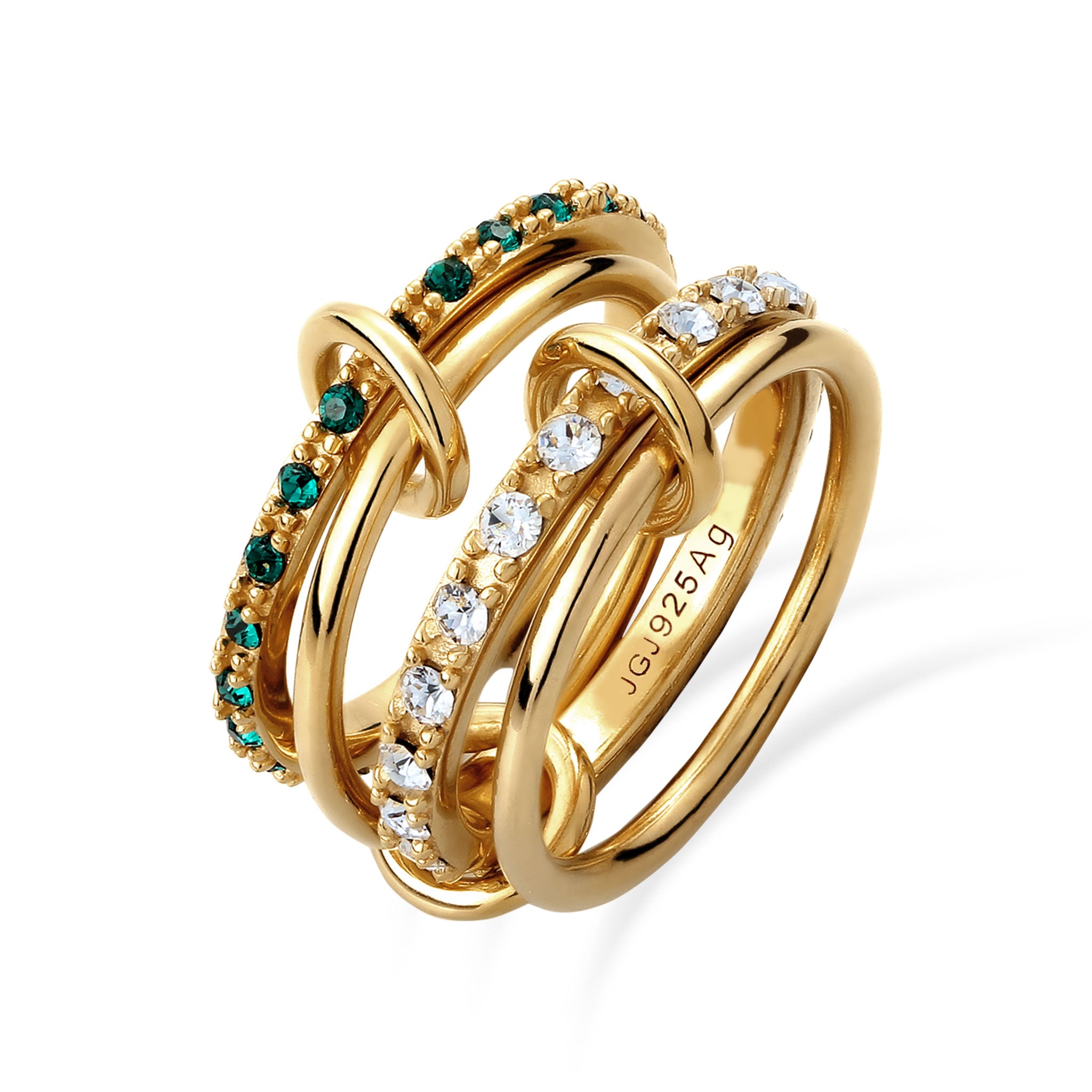 Gold - Elli | Stapelring Knoten | Mit Kristallen von Swarovski® (Weiß & Grün) | 925 Sterling Silber vergoldet