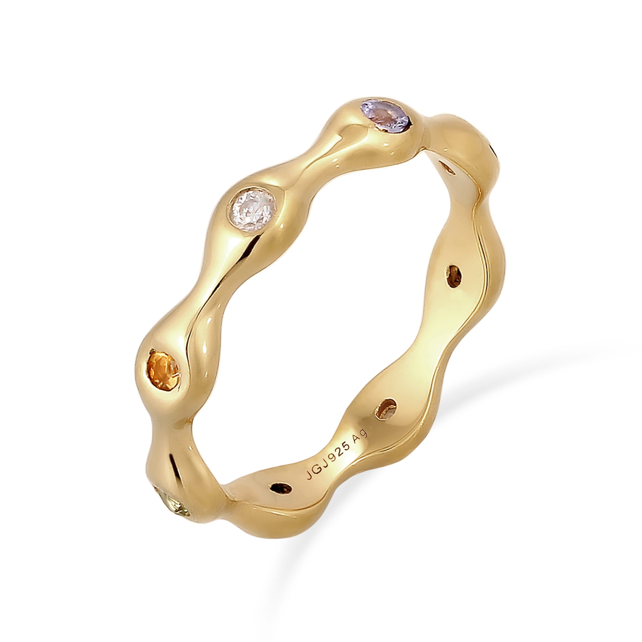 Gold - Elli PREMIUM | Stapelring | Tanzanit (Lila) & Citrin (Gelb) & Peridot (Grün) & Mondstein (Regenbogen) | 925 Sterling Silber vergoldet