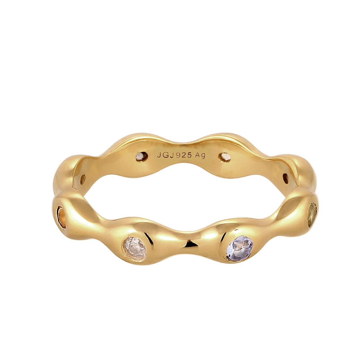 Gold - Elli PREMIUM | Stapelring | Tanzanit (Lila) & Citrin (Gelb) & Peridot (Grün) & Mondstein (Regenbogen) | 925 Sterling Silber vergoldet