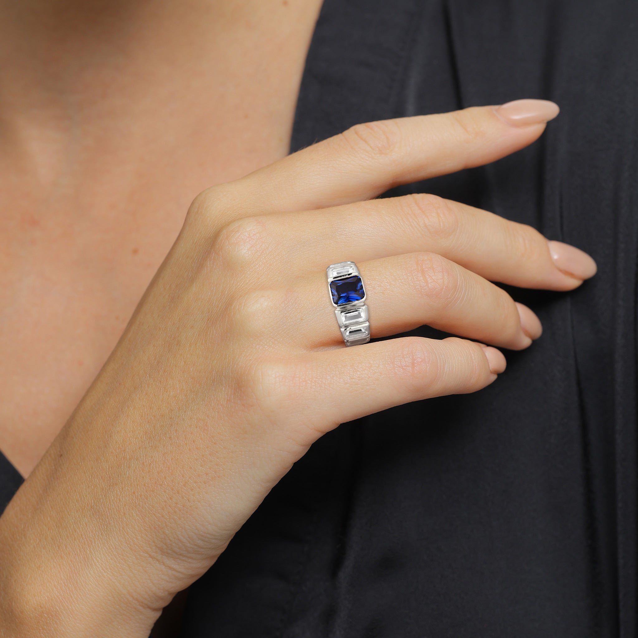 Silber - Elli PREMIUM | Bandring | Saphir (Dunkelblau) & Topas (Weiß) | 925 Sterling Silber