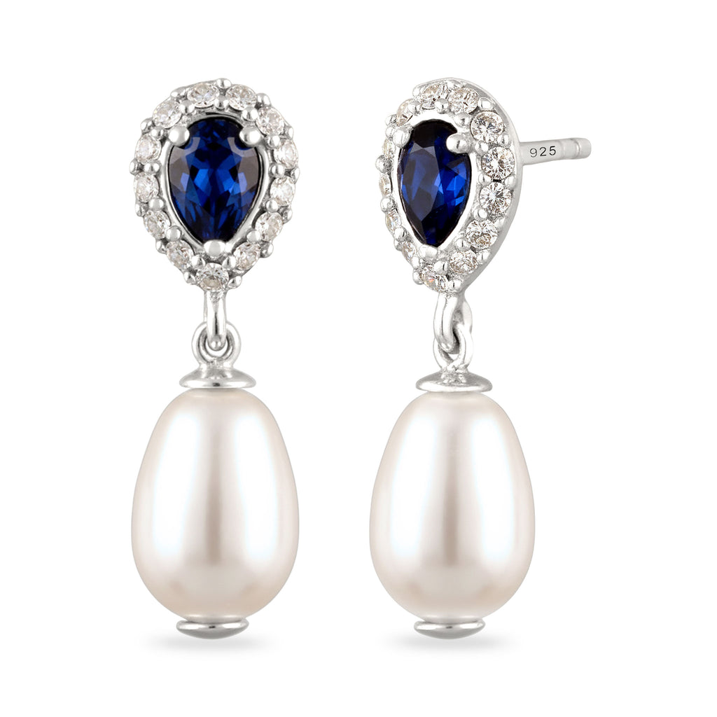 Silber - Elli | Ohrstecker Tropfen | Mit Perlen und Kristallen von Swarovski® (Weiß, Blau) | 925 Sterling Silber