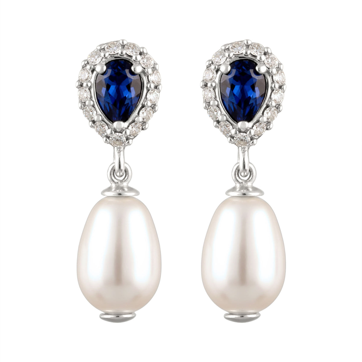 Silber - Elli | Ohrstecker Tropfen | Mit Perlen und Kristallen von Swarovski® (Weiß, Blau) | 925 Sterling Silber