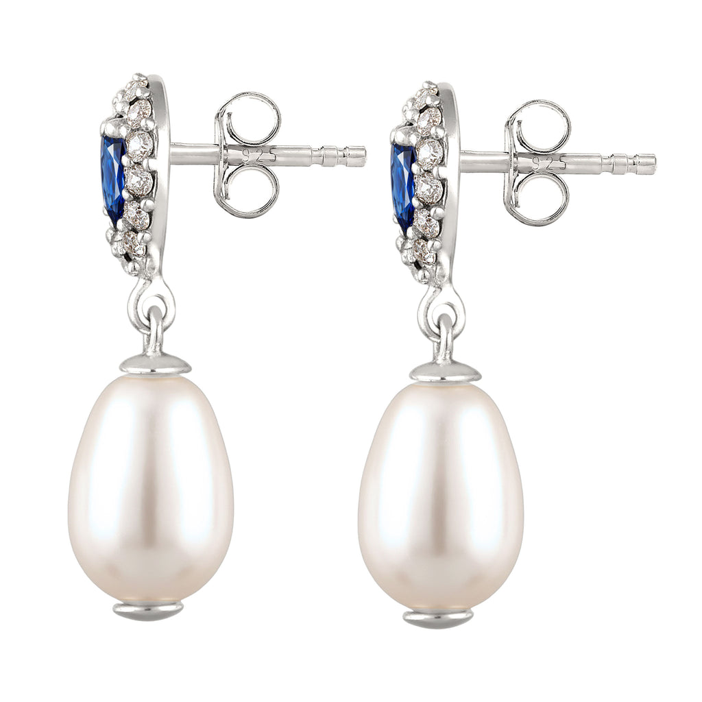 Silber - Elli | Ohrstecker Tropfen | Mit Perlen und Kristallen von Swarovski® (Weiß, Blau) | 925 Sterling Silber