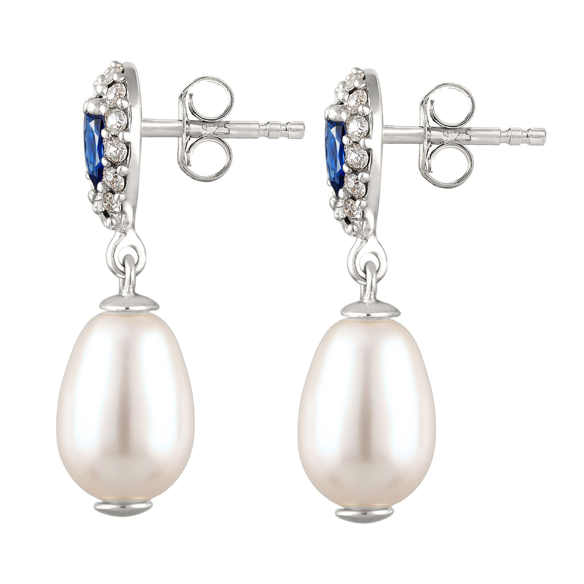 Silber - Elli | Ohrstecker Tropfen | Mit Perlen und Kristallen von Swarovski® (Weiß, Blau) | 925 Sterling Silber