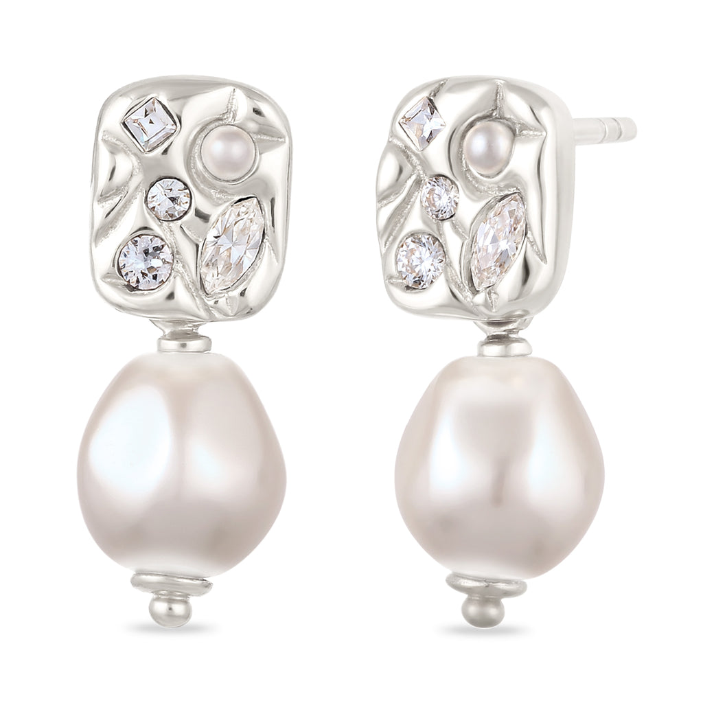 Silber - Elli | Ohrstecker Plättchen | Mit Perle und Kristallen von Swarovski® (Weiß) | 925 Sterling Silber