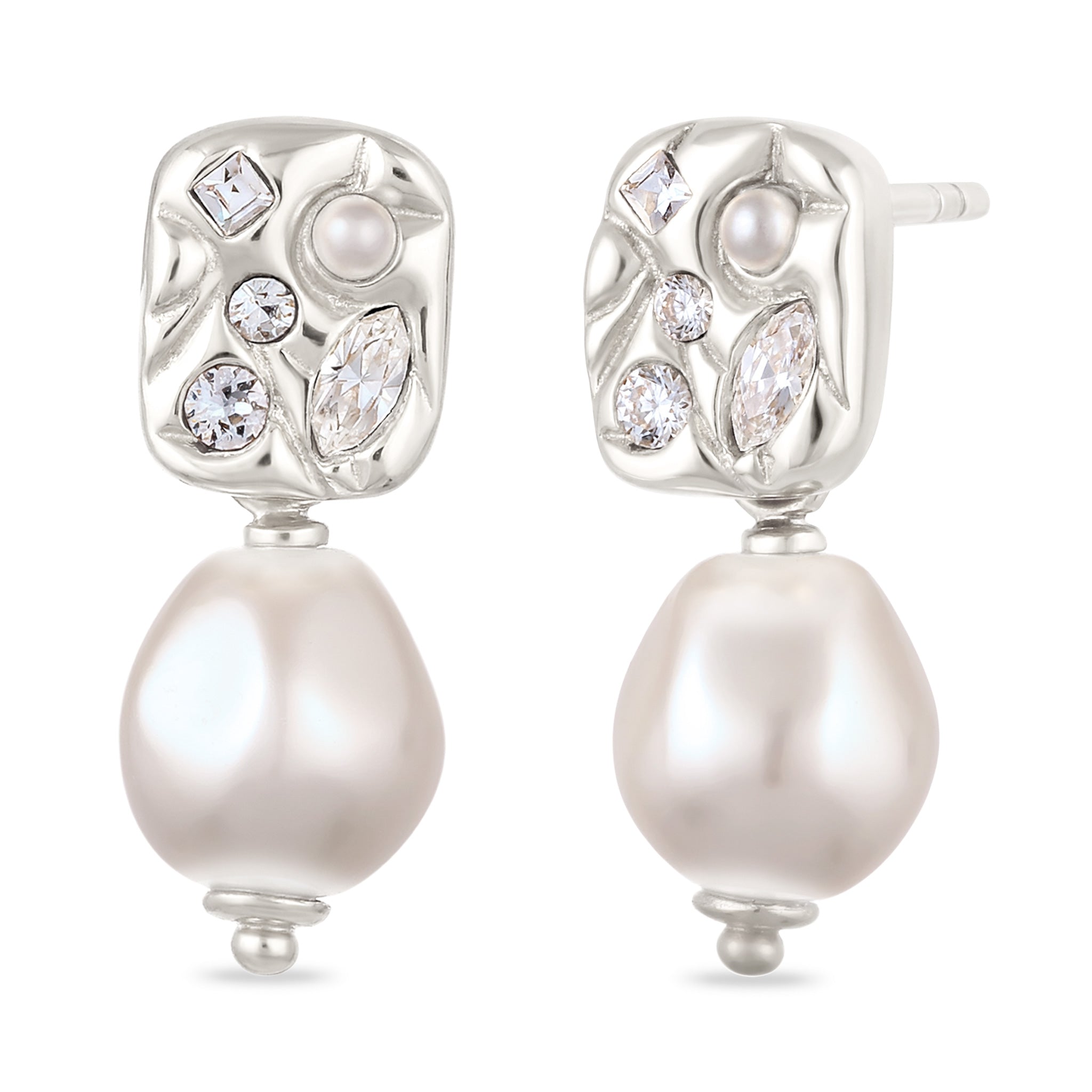 Silber - Elli | Ohrstecker Plättchen | Mit Perle und Kristallen von Swarovski® (Weiß) | 925 Sterling Silber