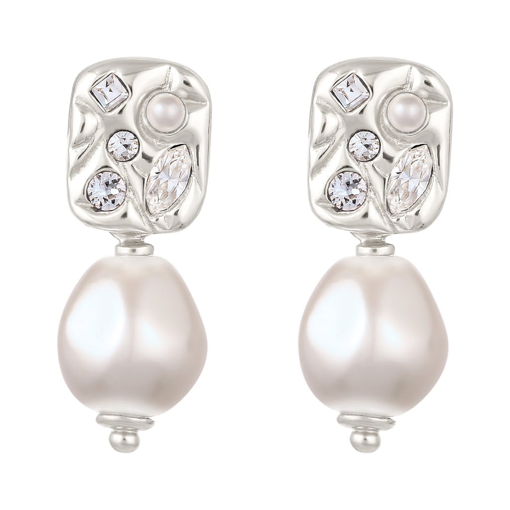 Silber - Elli | Ohrstecker Plättchen | Mit Perle und Kristallen von Swarovski® (Weiß) | 925 Sterling Silber