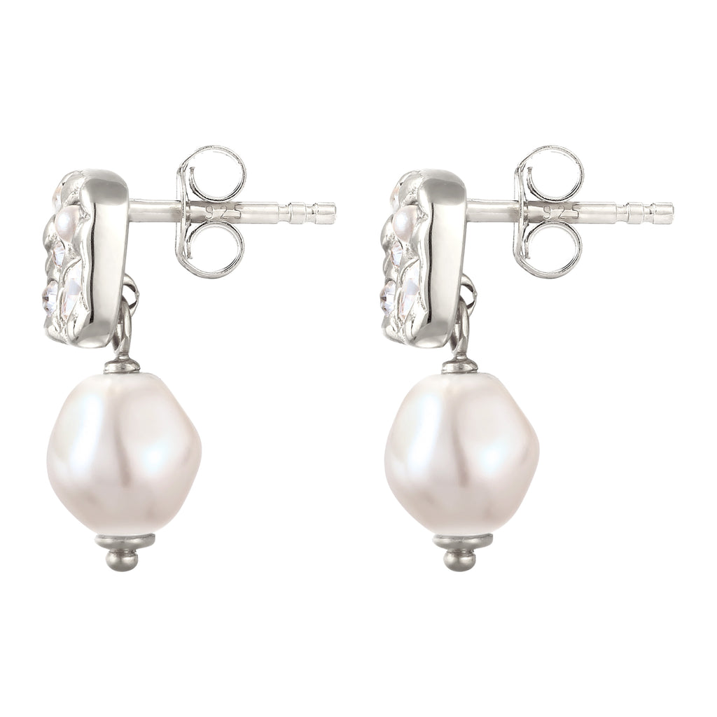 Silber - Elli | Ohrstecker Plättchen | Mit Perle und Kristallen von Swarovski® (Weiß) | 925 Sterling Silber
