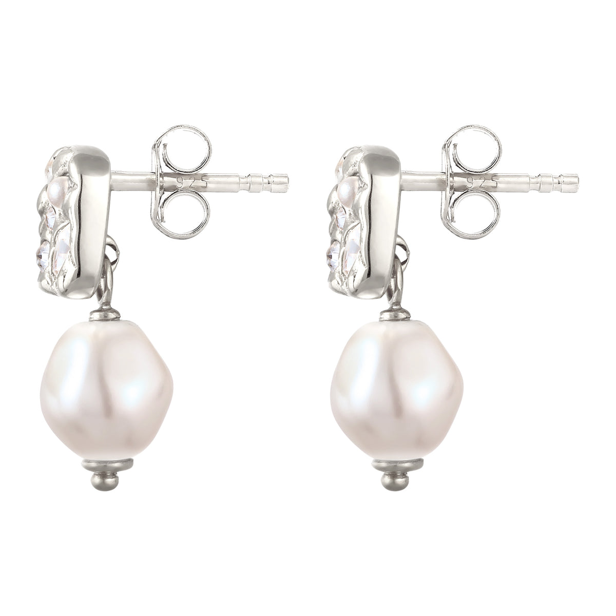 Silber - Elli | Ohrstecker Plättchen | Mit Perle und Kristallen von Swarovski® (Weiß) | 925 Sterling Silber