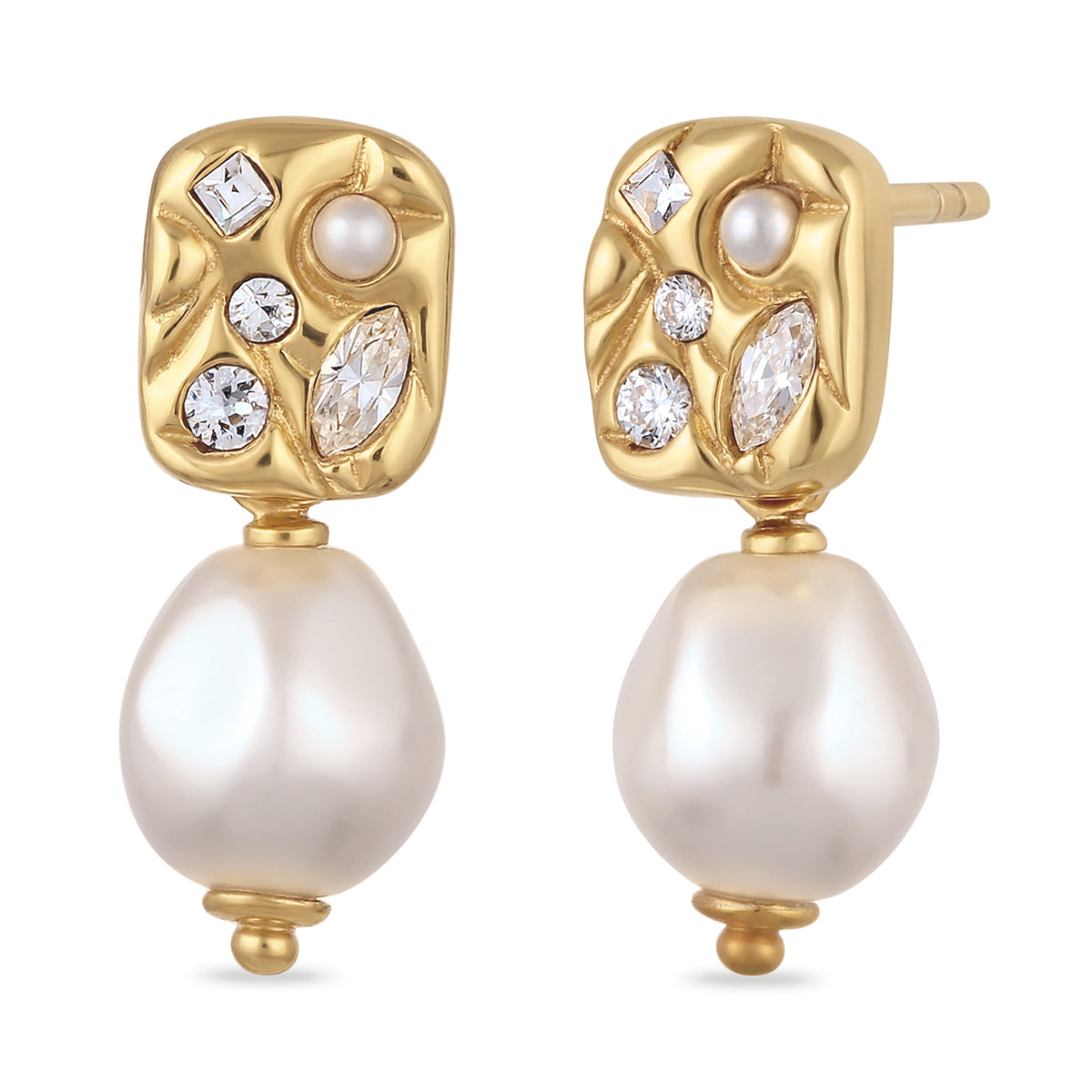 Gold - Elli | Ohrstecker Plättchen | Mit Perle und Kristallen von Swarovski® (Weiß) | 925 Sterling Silber vergoldet