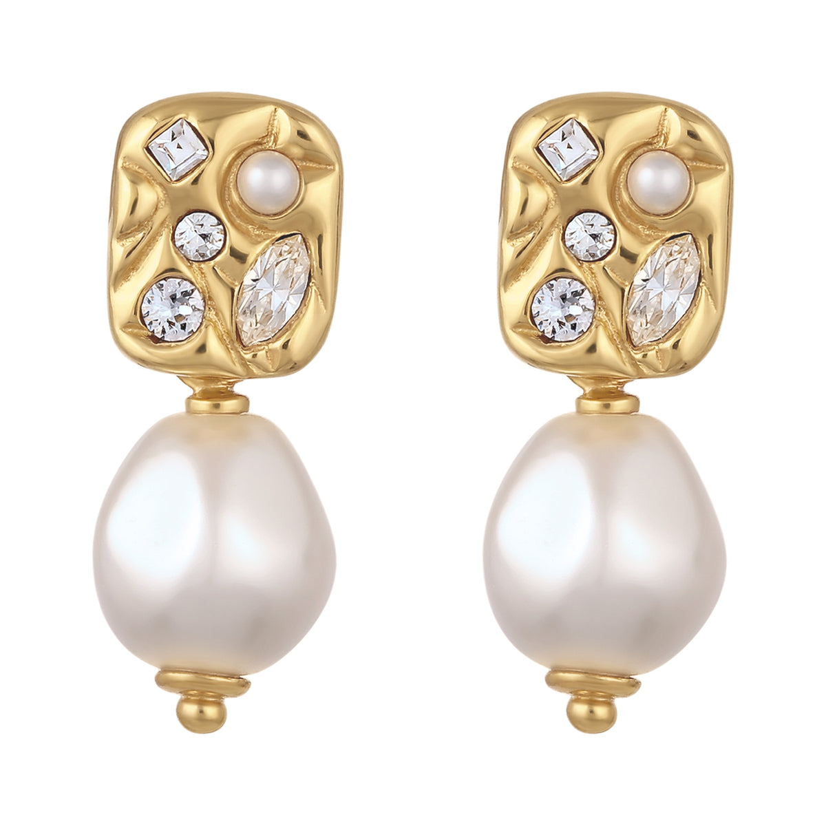 Gold - Elli | Ohrstecker Plättchen | Mit Perle und Kristallen von Swarovski® (Weiß) | 925 Sterling Silber vergoldet