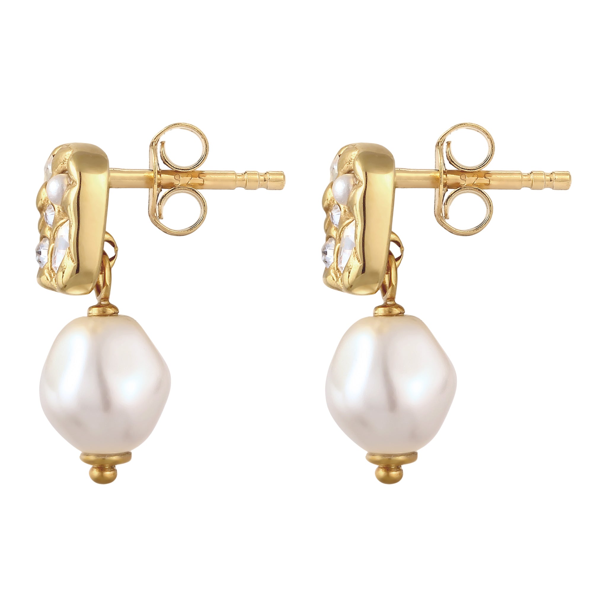 Gold - Elli | Ohrstecker Plättchen | Mit Perle und Kristallen von Swarovski® (Weiß) | 925 Sterling Silber vergoldet