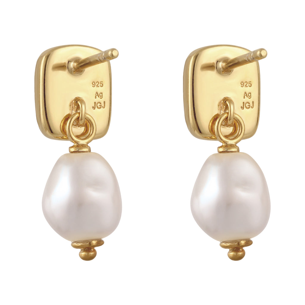 Gold - Elli | Ohrstecker Plättchen | Mit Perle und Kristallen von Swarovski® (Weiß) | 925 Sterling Silber vergoldet