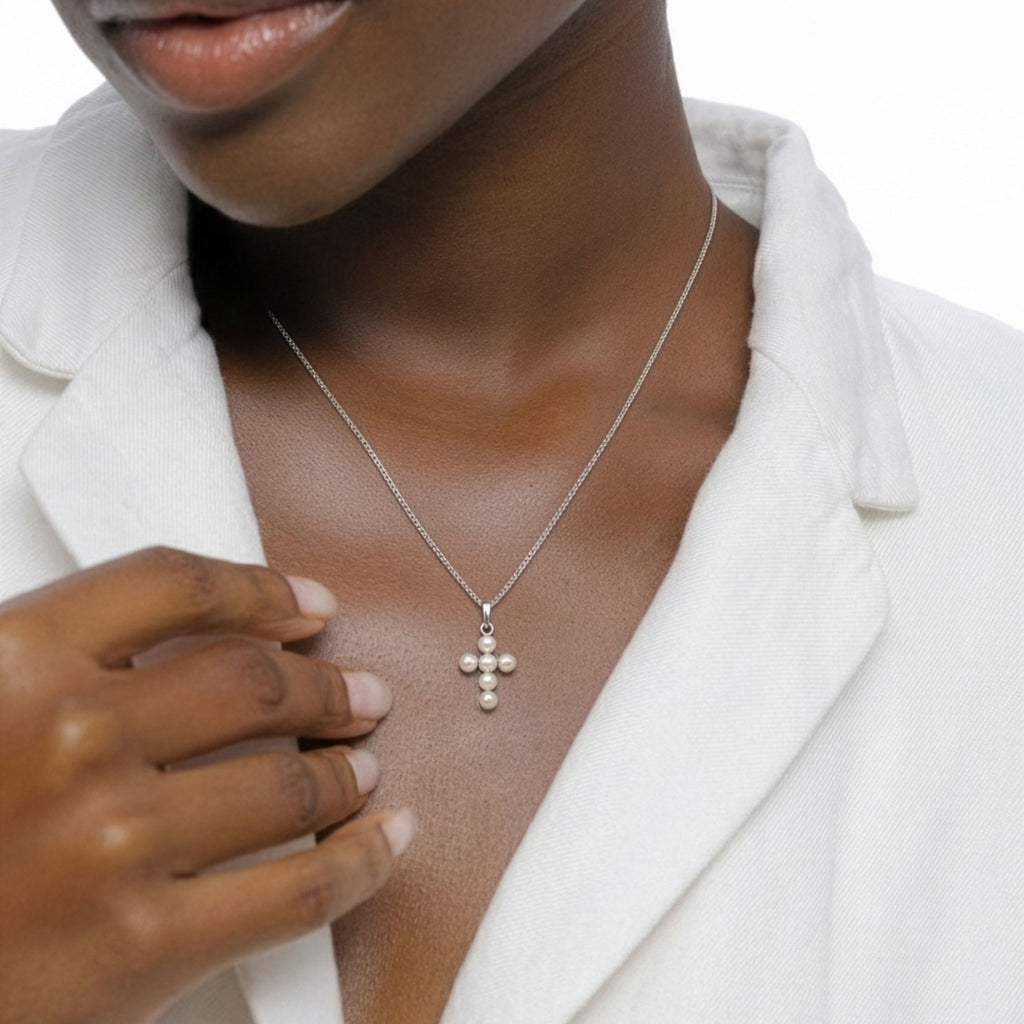 Silber - Elli | Halskette Kreuz | Mit Perlen von Swarovski® (Weiß) | 925 Sterling Silber
