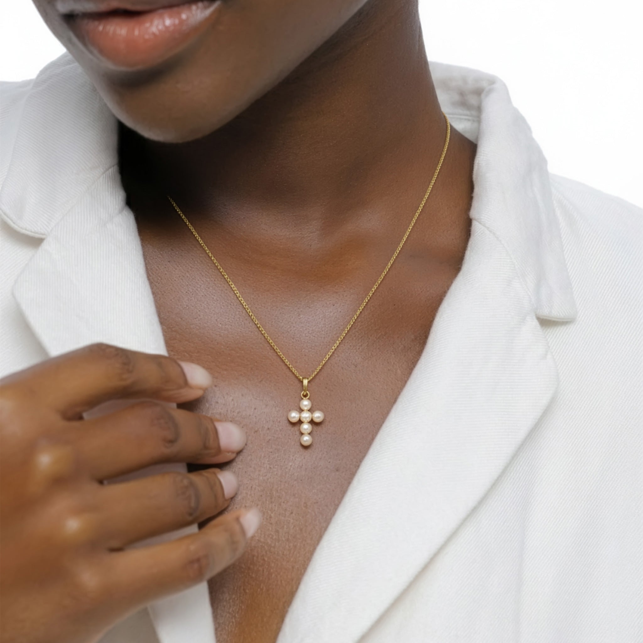 Gold - Elli | Halskette Kreuz | Mit Perlen von Swarovski® (Weiß) | 925 Sterling Silber vergoldet