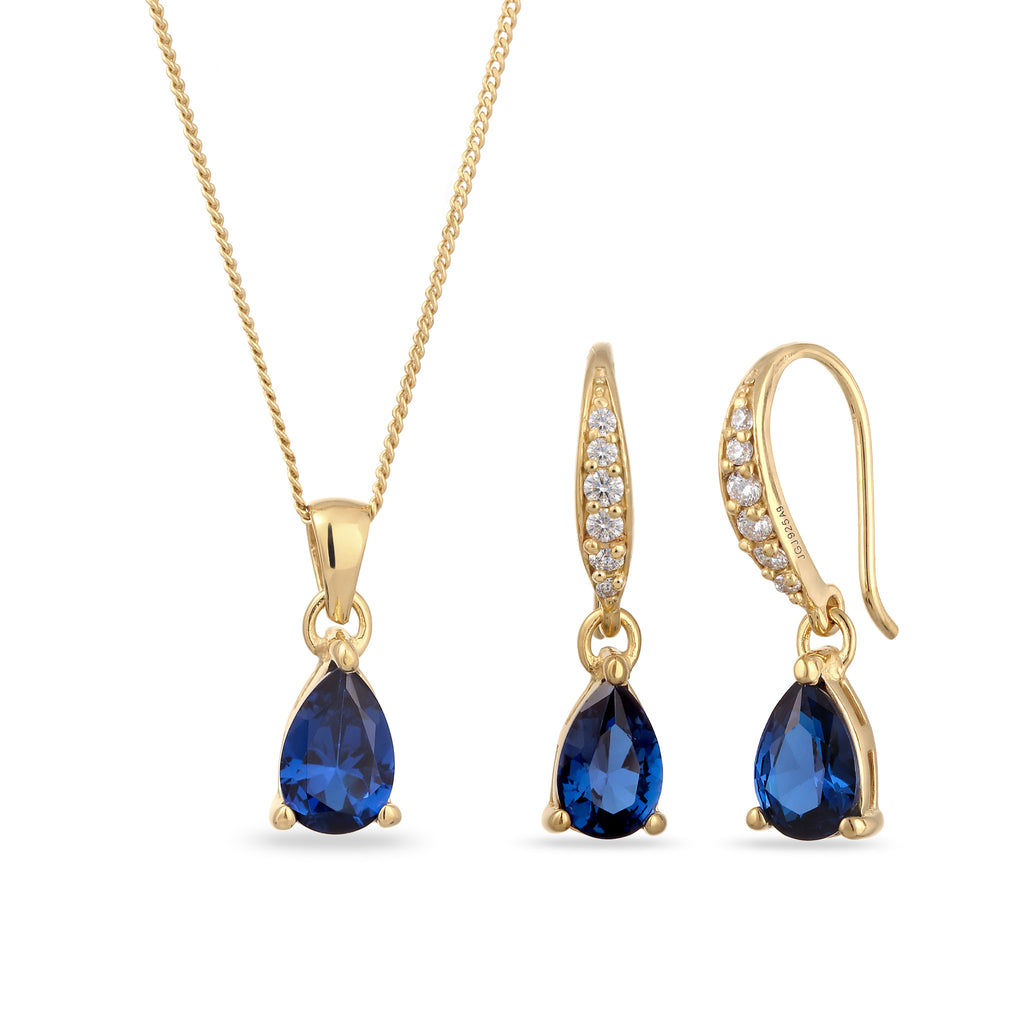 Gold - Elli | Schmuckset Tropfen | Zirkonia (Weiß) & Saphir (Blau) | 925er Sterling Silber vergoldet