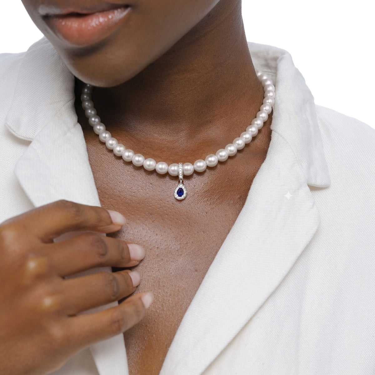 Silber - Elli | Halskette | Mit Perlen & Kristallen von Swarovski® (Dunkelblau & Weiß) | 925 Sterling Silber
