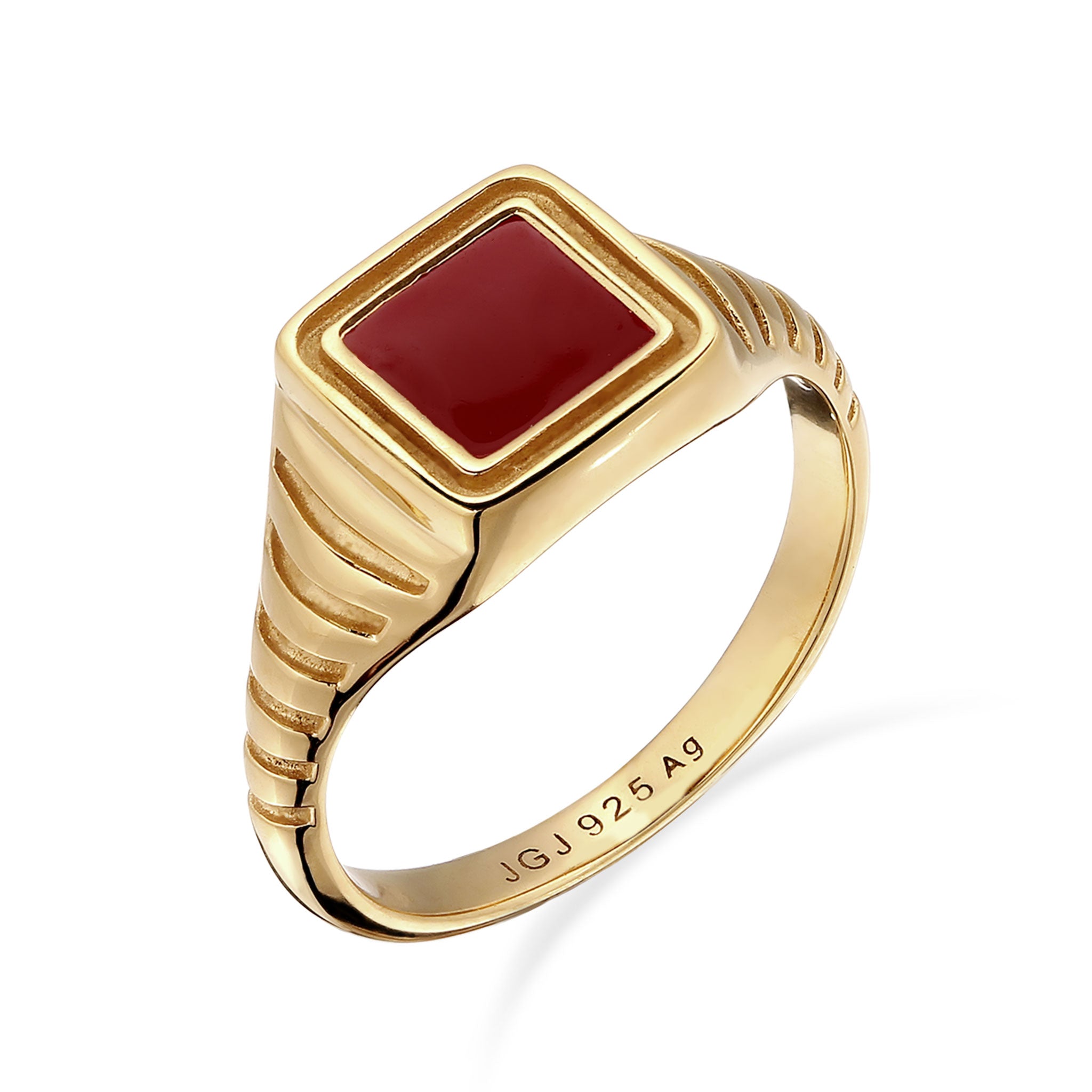 Gold - Elli | Siegelring Quadrat | Emaille (Rot) | 925 Sterling Silber vergoldet