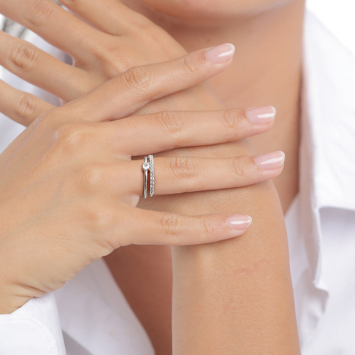 Silber - Elli PREMIUM | Ringset | Mondstein (Regenbogen) | 925 Sterling Silber