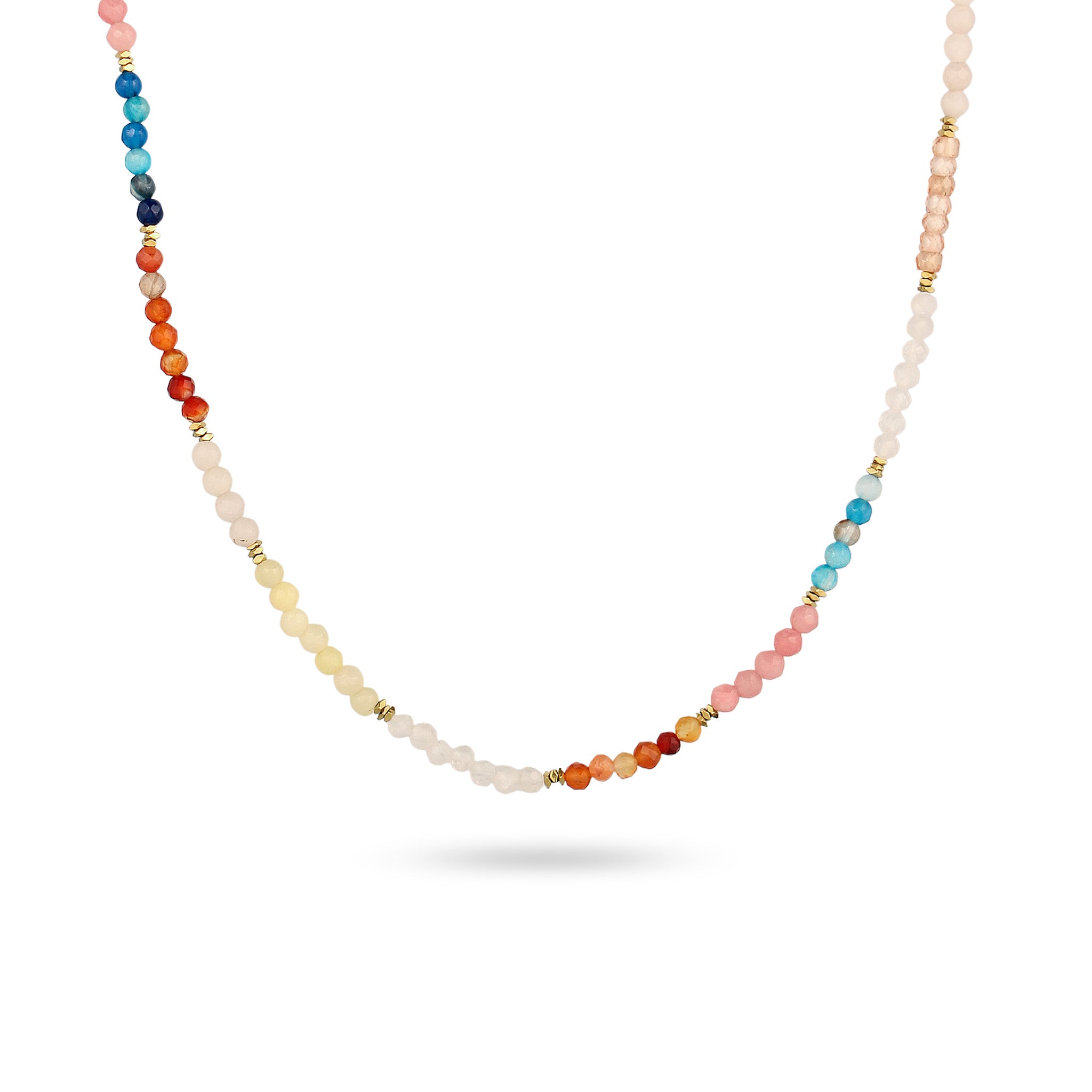 Bunt - Elli PREMIUM | Halskette Beads | Achat (Blau) & Zirkonia (Pfirsich) & Mondstein (Weiß) | 925 Sterling Silber vergoldet