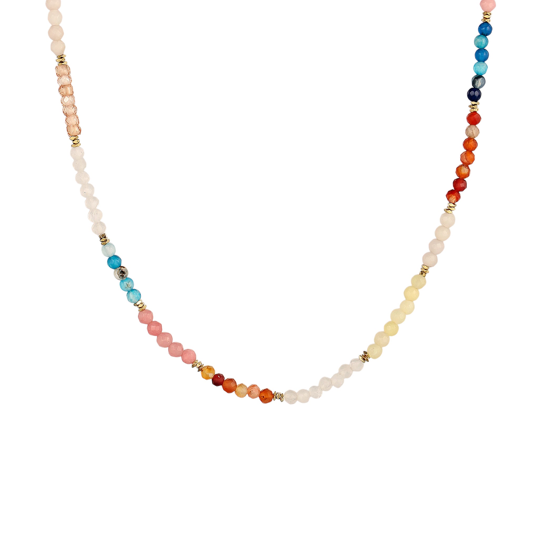 Bunt - Elli PREMIUM | Halskette Beads | Achat (Blau) & Zirkonia (Pfirsich) & Mondstein (Weiß) | 925 Sterling Silber vergoldet