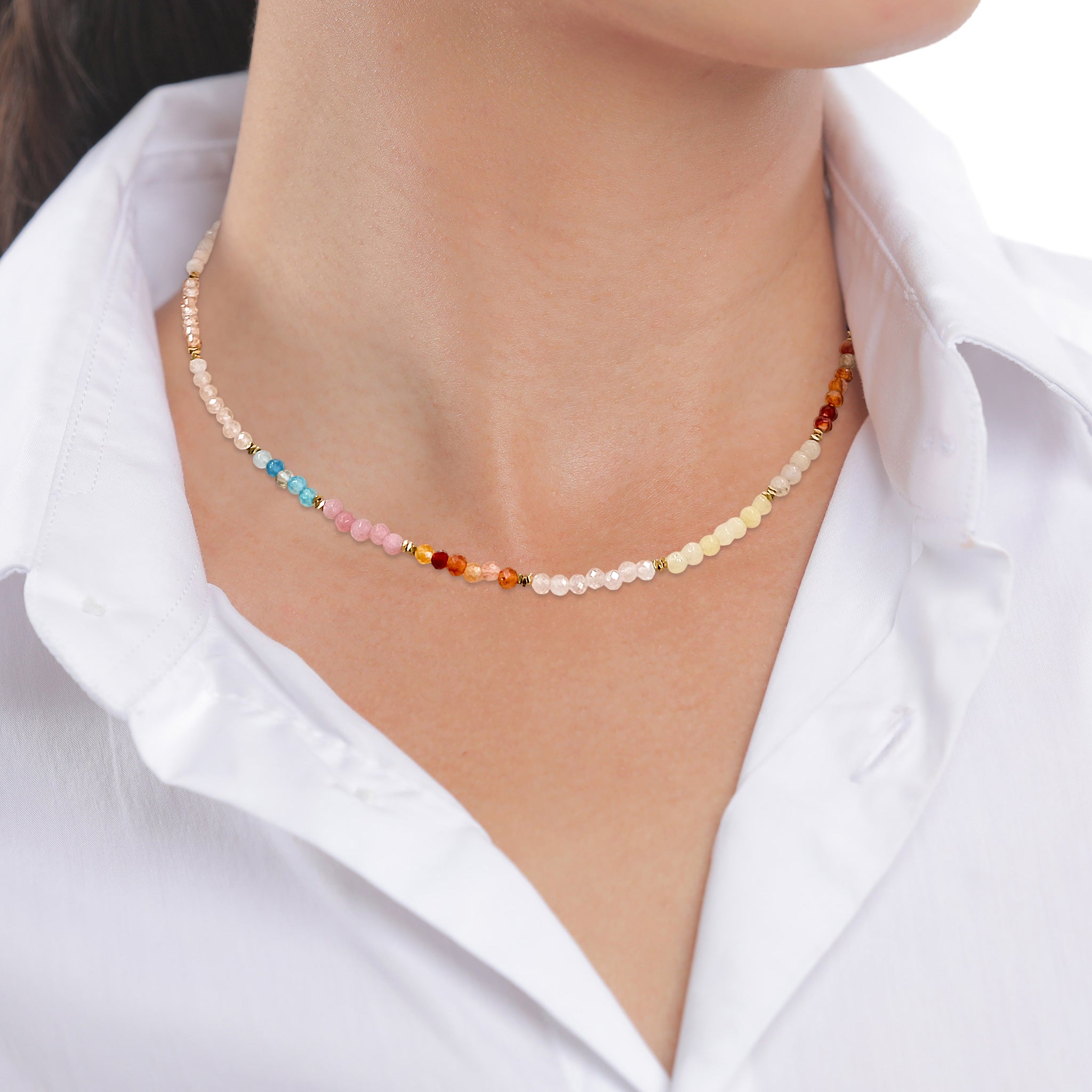 Bunt - Elli PREMIUM | Halskette Beads | Achat (Blau) & Zirkonia (Pfirsich) & Mondstein (Weiß) | 925 Sterling Silber vergoldet
