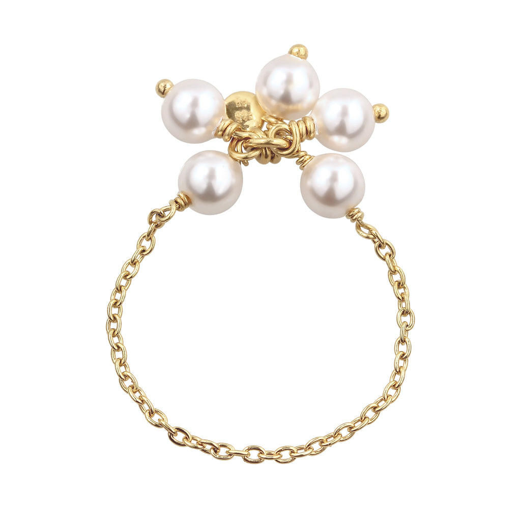 Gold - Elli | Ketten-Ring Blume | Mit Perlen von Swarovski® (Weiß) | 925 Sterling Silber vergoldet