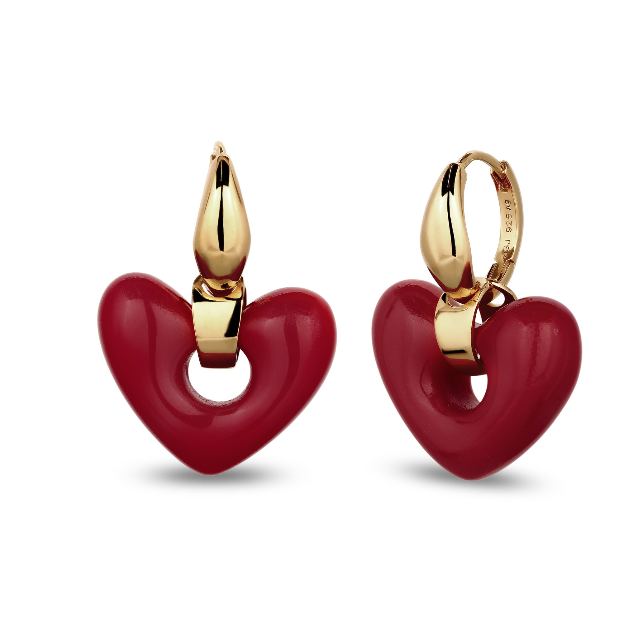 Gold - Elli | Creolen Herzen | Resin (Dunkelrot) |925 Sterling Silber vergoldet