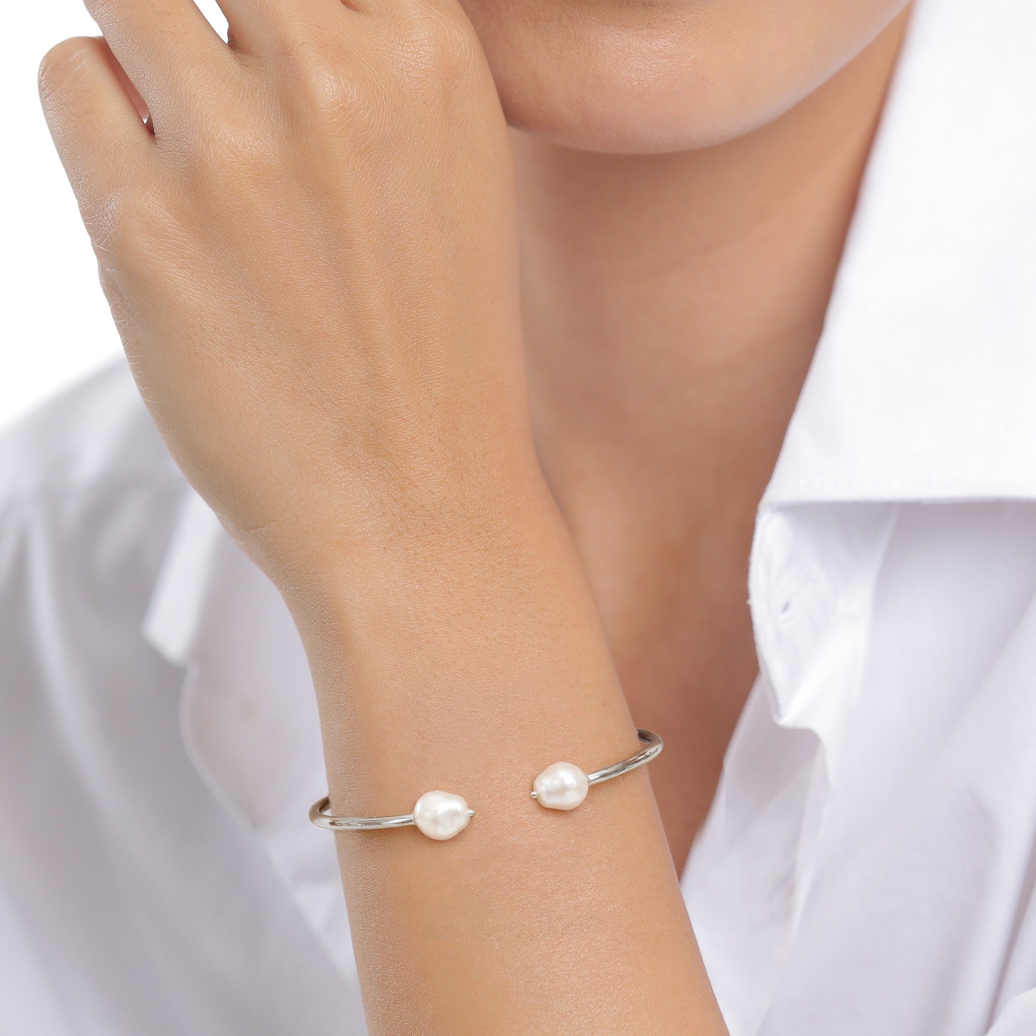 Silber - Elli PREMIUM | Armreif | Mit Perlen von Swarovski® (Weiß) | 925 Sterling Silber