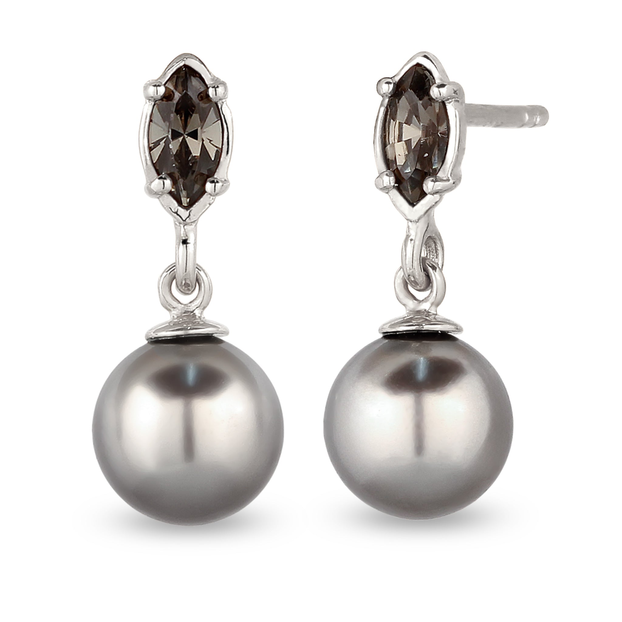 Silber - Elli | Ohrstecker | Synthetische Perle (Grau) & Glas Kristalle (Schwarz) | 925 Sterling Silber