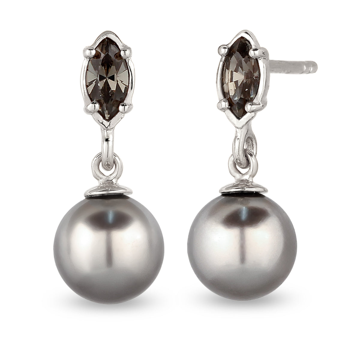Silber - Elli | Ohrstecker | Synthetische Perle (Grau) & Glas Kristalle (Schwarz) | 925 Sterling Silber