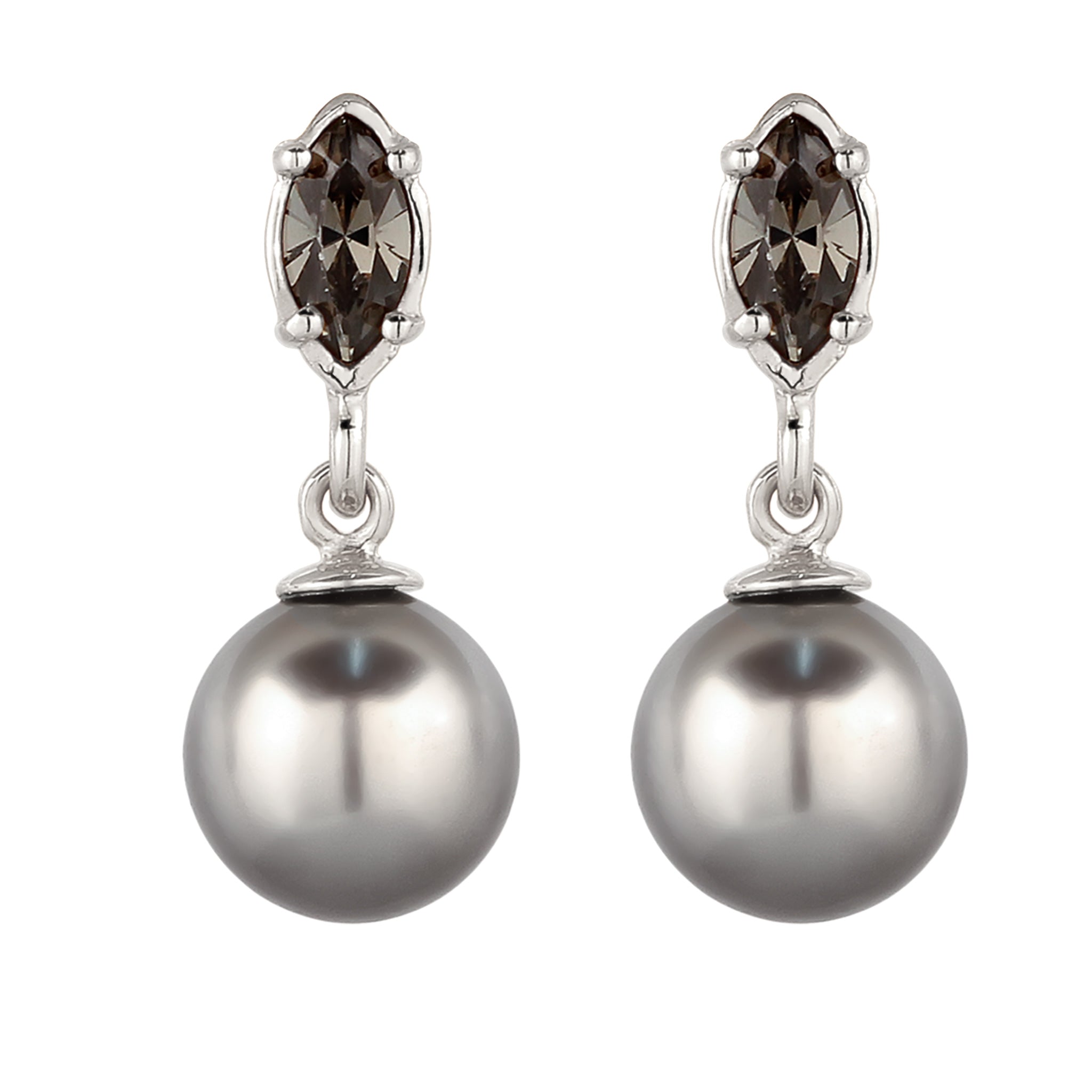 Silber - Elli | Ohrstecker | Synthetische Perle (Grau) & Glas Kristalle (Schwarz) | 925 Sterling Silber
