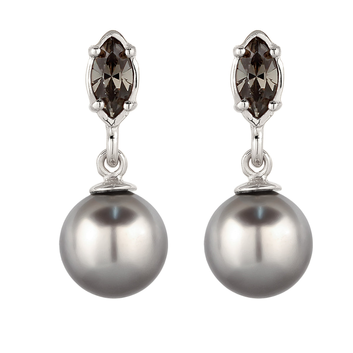 Silber - Elli | Ohrstecker | Synthetische Perle (Grau) & Glas Kristalle (Schwarz) | 925 Sterling Silber