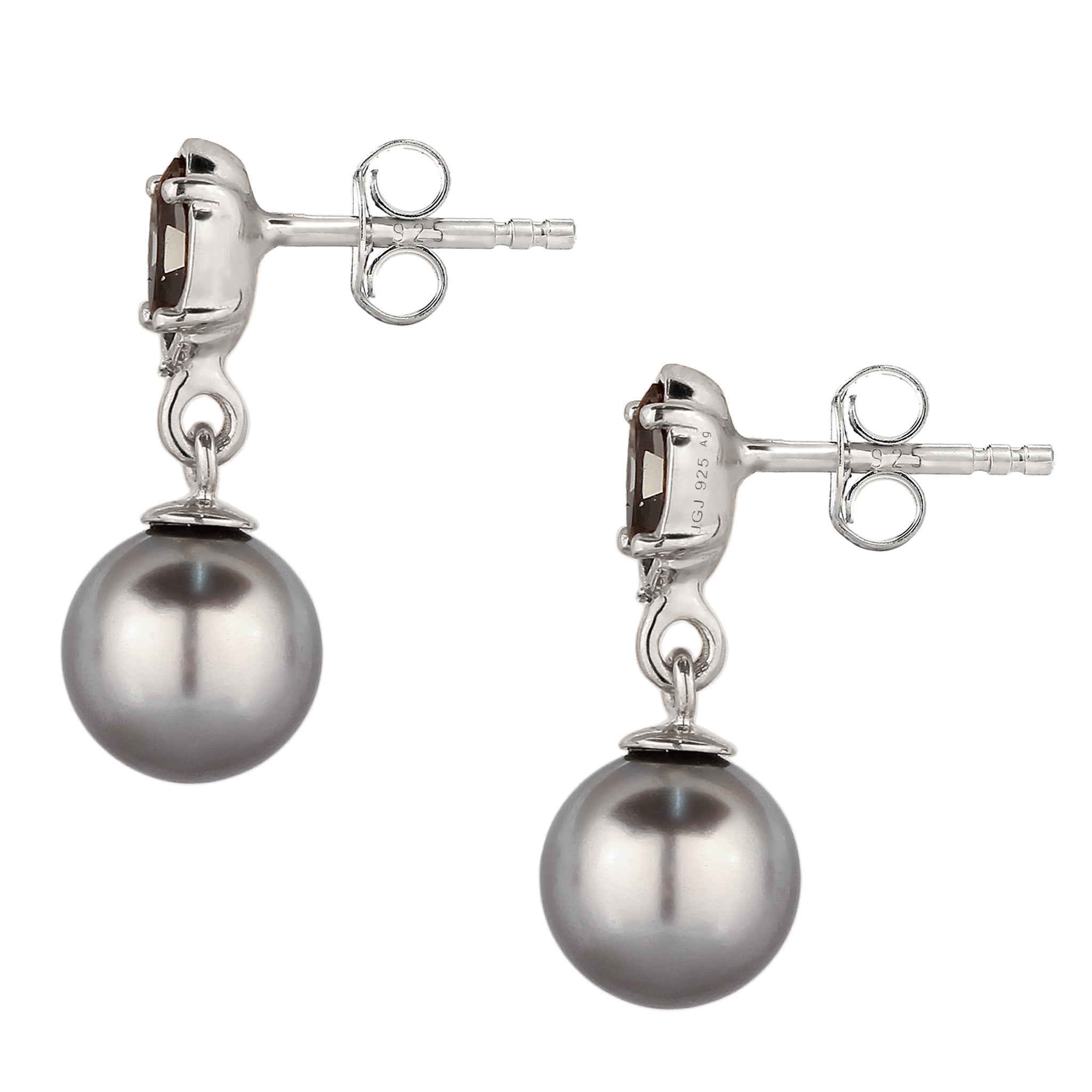 Silber - Elli | Ohrstecker | Synthetische Perle (Grau) & Glas Kristalle (Schwarz) | 925 Sterling Silber