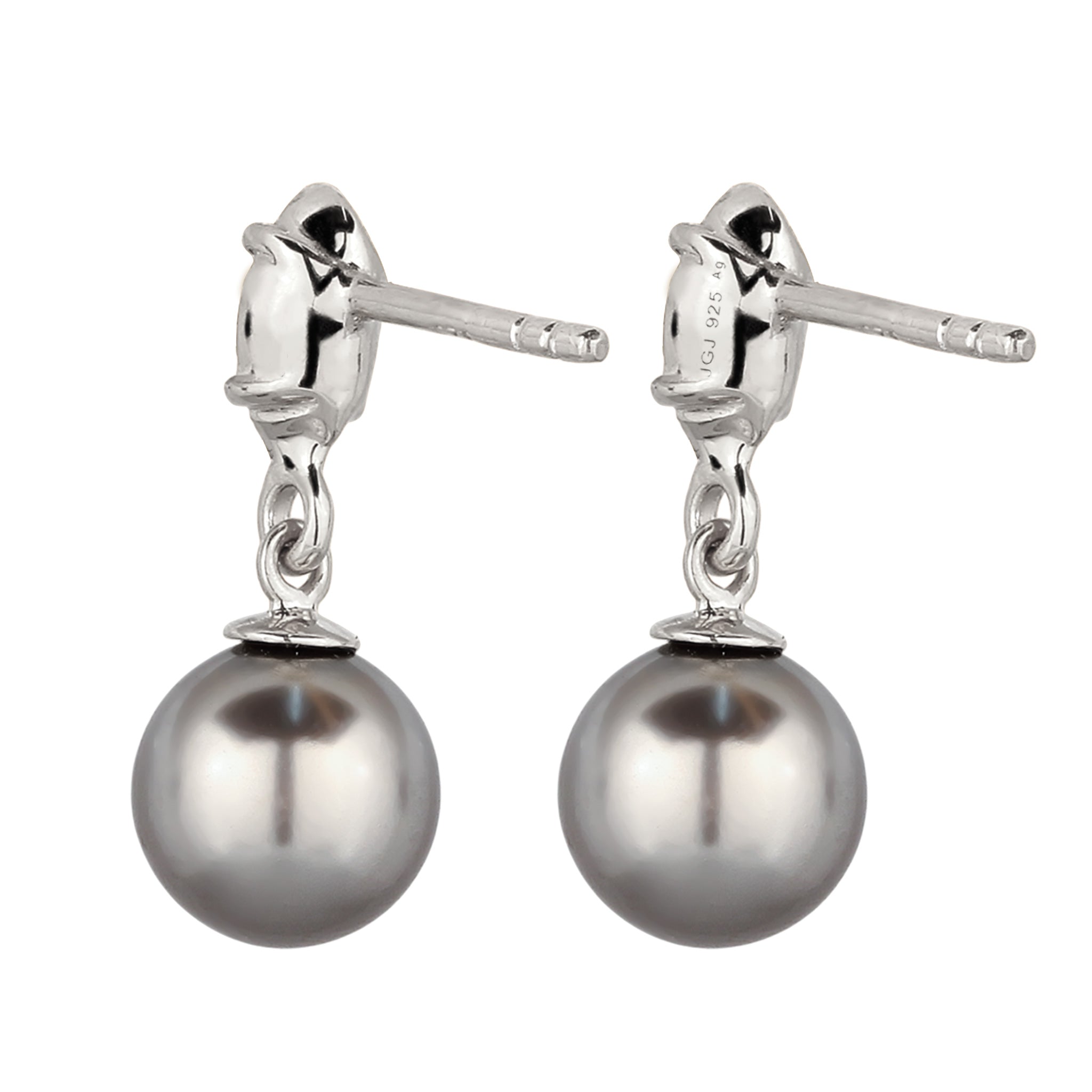 Silber - Elli | Ohrstecker | Synthetische Perle (Grau) & Glas Kristalle (Schwarz) | 925 Sterling Silber