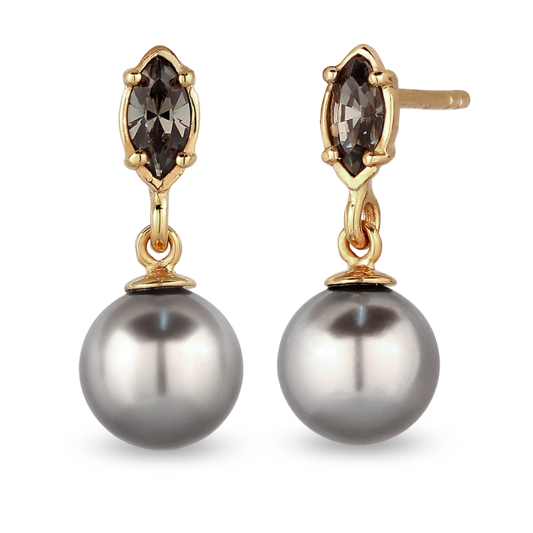 Gold - Elli | Ohrstecker | Synthetische Perle (Grau) & Glas Kristalle (Schwarz) | 925 Sterling Silber vergoldet