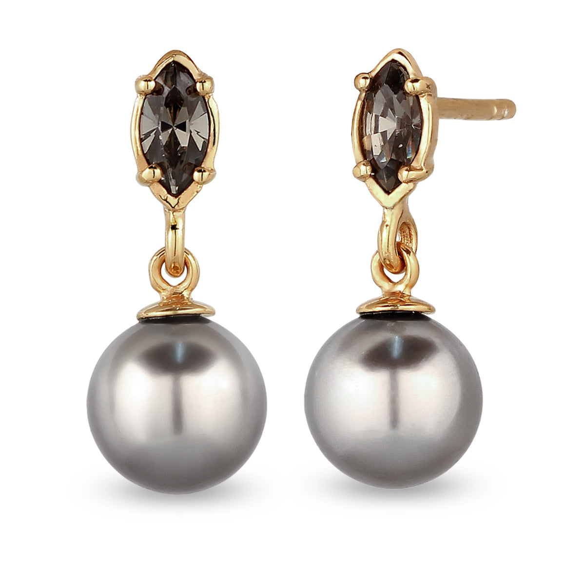 Gold - Elli | Ohrstecker | Synthetische Perle (Grau) & Glas Kristalle (Schwarz) | 925 Sterling Silber vergoldet