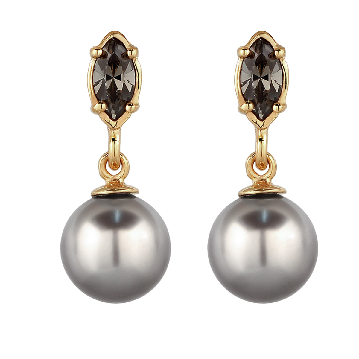 Gold - Elli | Ohrstecker | Synthetische Perle (Grau) & Glas Kristalle (Schwarz) | 925 Sterling Silber vergoldet