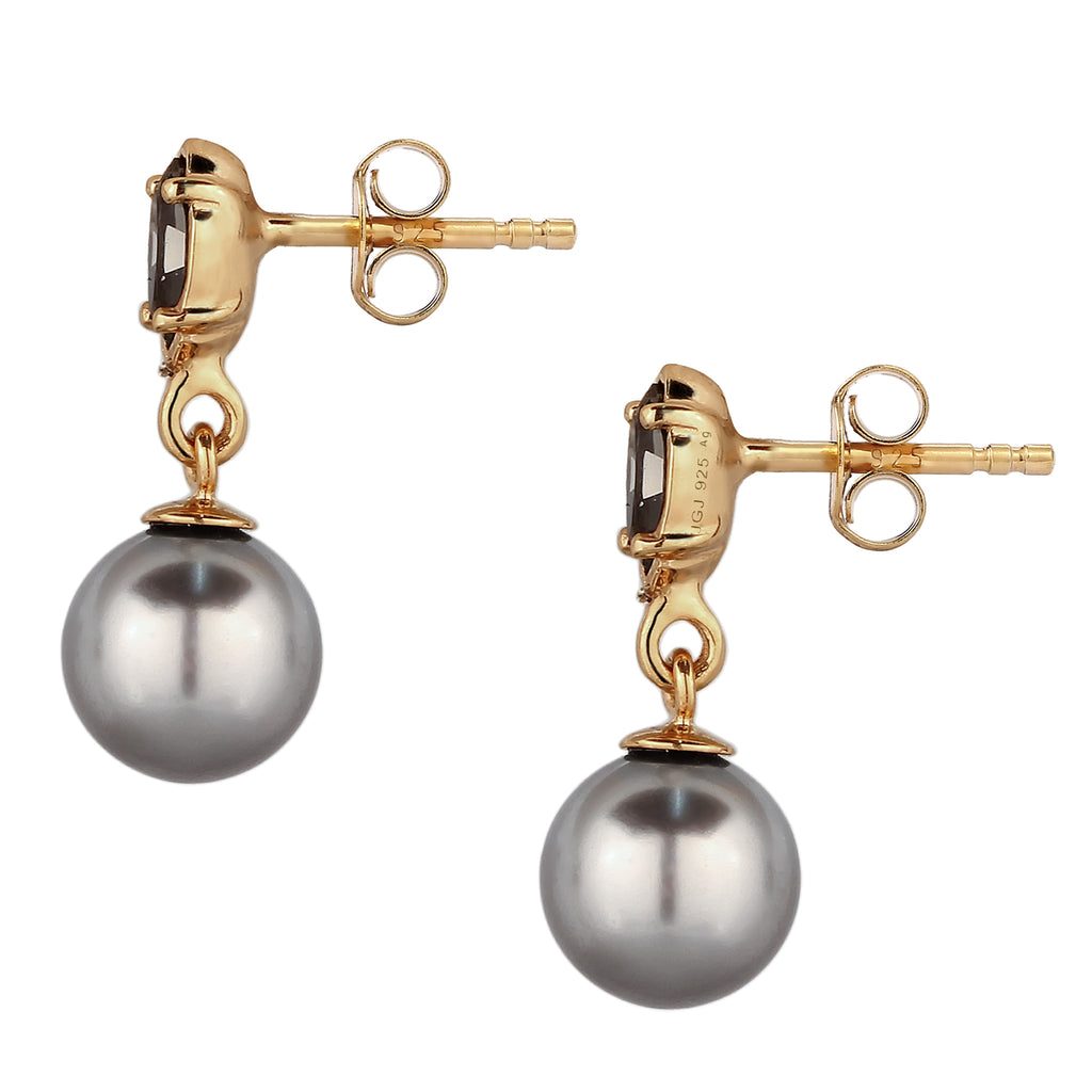 Gold - Elli | Ohrstecker | Synthetische Perle (Grau) & Glas Kristalle (Schwarz) | 925 Sterling Silber vergoldet