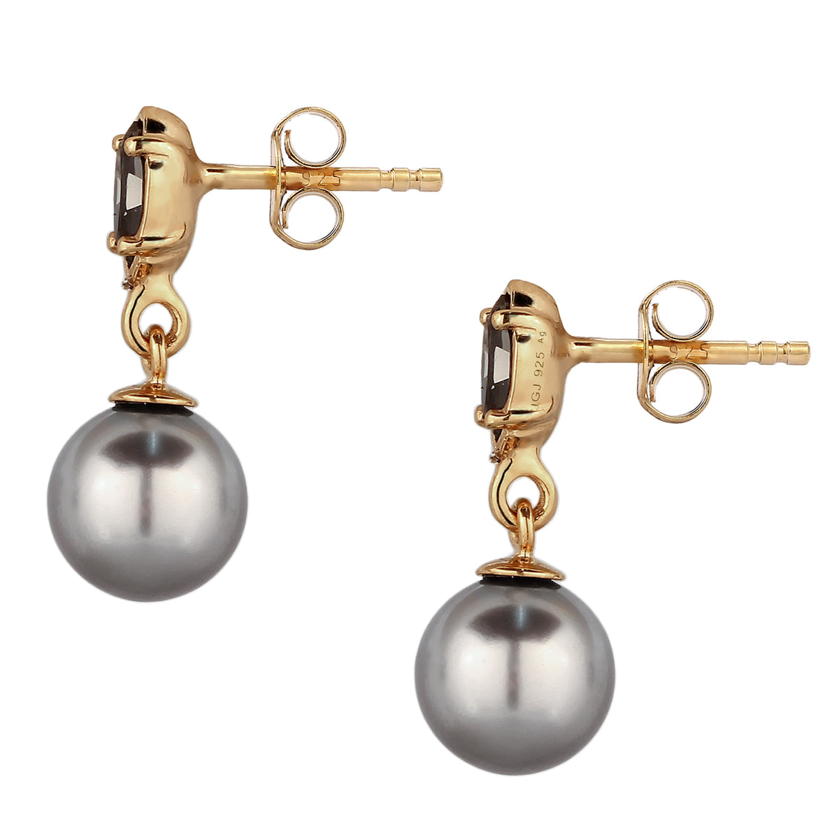 Gold - Elli | Ohrstecker | Synthetische Perle (Grau) & Glas Kristalle (Schwarz) | 925 Sterling Silber vergoldet